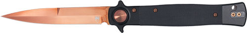 COBRATEC STILETTO 4" ROSE GOLD - BLADE BLACK G-10 BUTTON LOCK