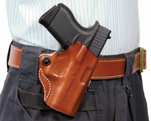 DESANTIS MINI SCABBARD HOLSTER - RH OWB LTHR FITS GLOCK 43 TAN